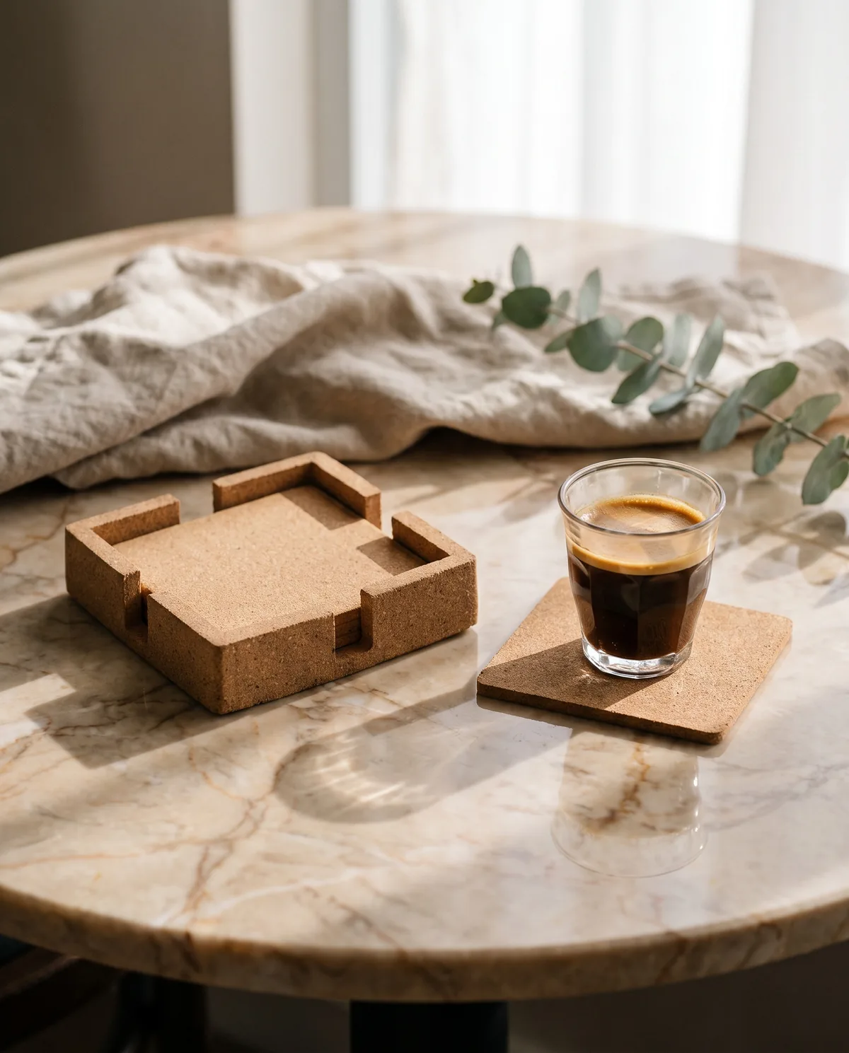 Premium Square Coaster with Case — cork coasters in use